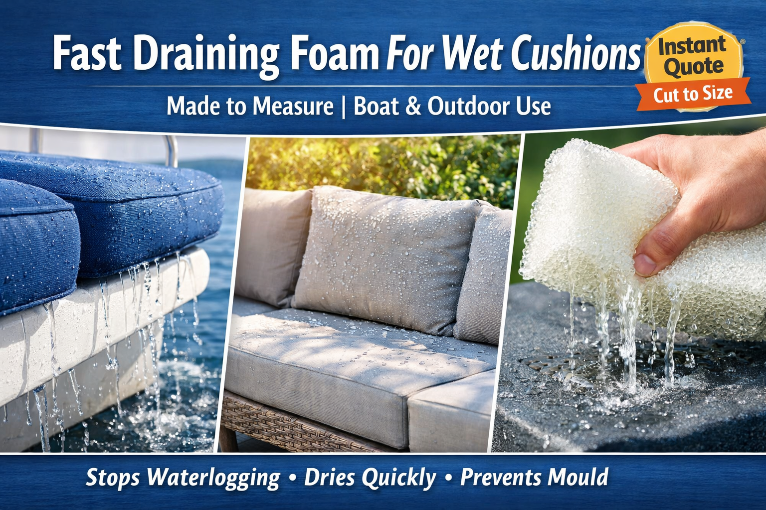 Fast draining reticulated foam for boat and outdoor cushions showing water draining quickly and preventing waterlogging